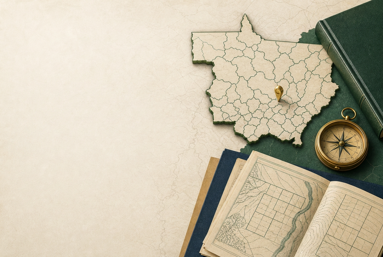 Mapa de Mato Grosso com divisões territoriais, livro institucional, bússola e documentos cadastrais